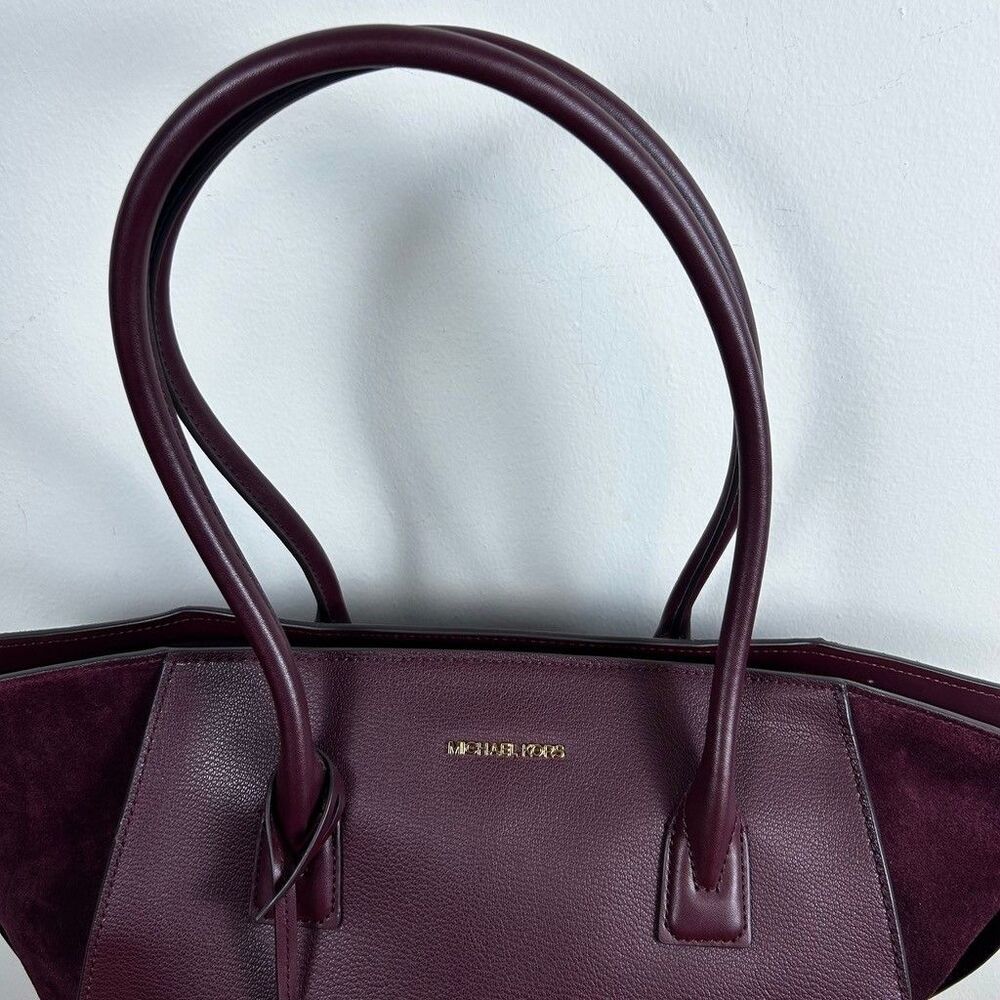 Michael Kors Tote Bag Womens Burgundy Pebbled Leather Suede Gold Hardware - Picture 5 of 12